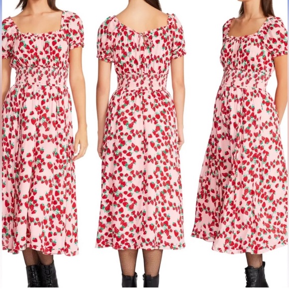 Betsey Johnson Dresses & Skirts - Betsey Johnson Dress XS Strawberry Fields Smocked Tiered Red Pink Cottage